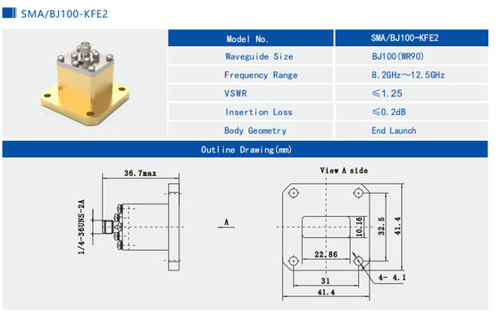 8.2GHz~12.5GHz WR90 To SMA Female End Launch Waveguide To Coax Adapter SMA/BJ100-KFE2