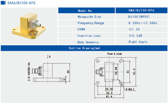 8.2GHz~12.5GHz WR90 To SMA Female Right Angle Waveguide To Coax Adapter SMA/BJ100-KF6